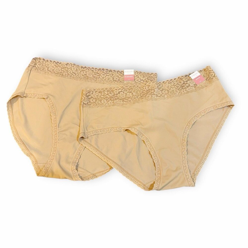 Ambrielle Panties Set of 2 Beige NWT Sz L Hipster Lace Trim Satin